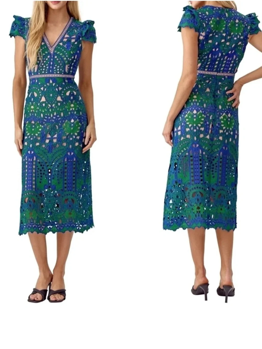 Adelyn Rae Lace Midi Dress green/blue lace Sz S
